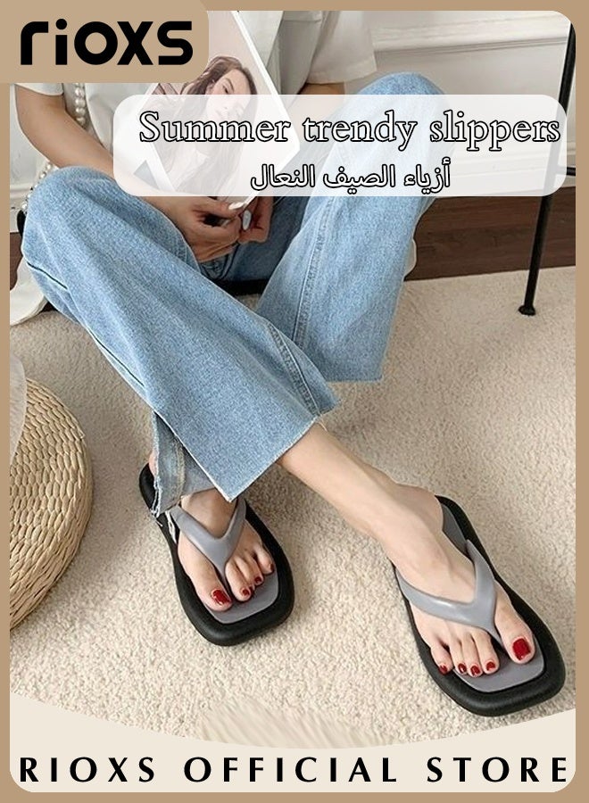 RIOXS Women's Flip Flops, Lightweight Thong Slides for Women, Anti-slip Square Toe Flat Slippers, Ladies Slip On Shower Slippers, Flip Flop Sandals for Beach, Womens Fashion Flip-Flops, Soft Comfort Flip-flops Slipper, Minimalist Flip Flops Grey Open-toed Footwear - Image 1